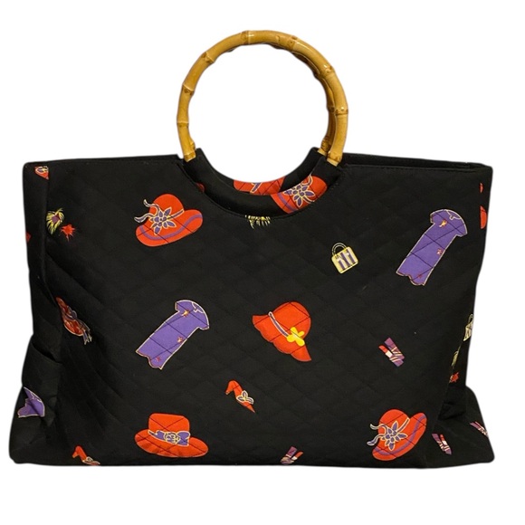 Stylish Black Tote Bag with Bamboo Handles - Picture 2 of 12